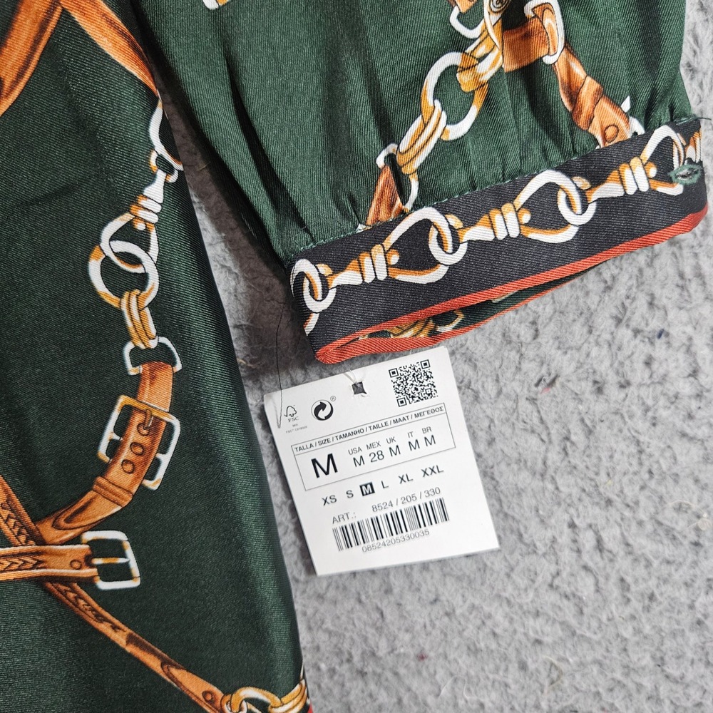 Zara Basic Green Equestrian Chain Belt Print Pleated Mini Dress Womens Sz M NEW - Picture 3 of 11